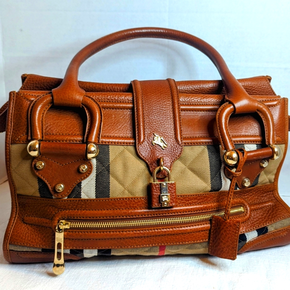 Burberry Tan & Beige Check Leather-Trim Shoulder Bag